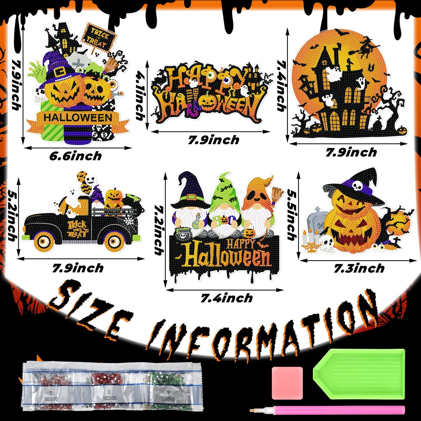 Zonon 6 Pcs Fall Diamond Art Kits Hanging Sign Decor 5d Autumn Diamond Painting for Adults DIY Art Craft Welcome Sign Flower Pumpkin Boots Gnomes Truck Ornament for Thanksgiving Wall Window Door Decor