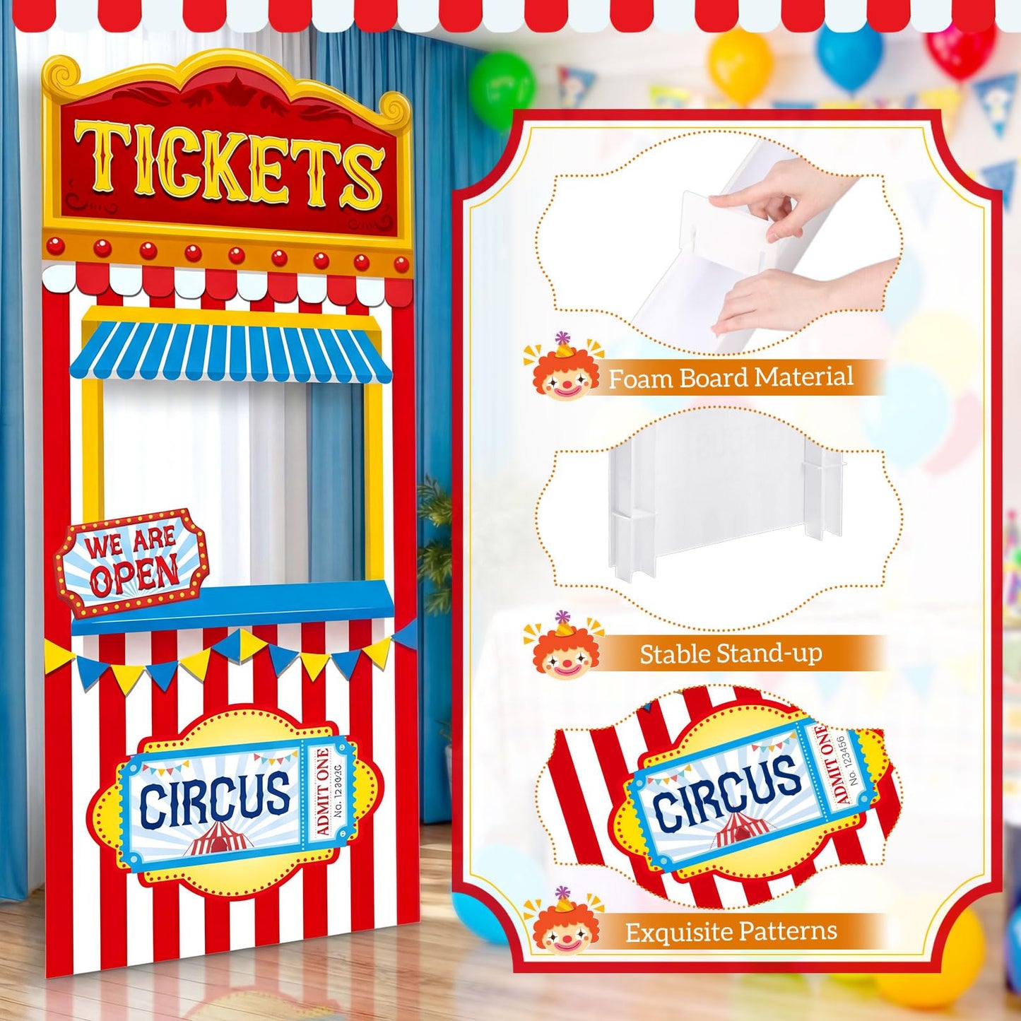 Yinkin Carnival Ticket Booth Standup Kit-Circus Theme Party Decorations Carnival Backdrop Foam Boards Large Photo Booth Props for Circus Party Decor Halloween Birthday Supplies, 72.8 x 31.9 Inch