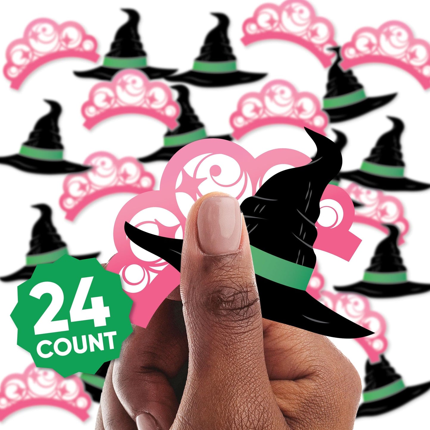 Big Dot of Happiness Witch Small Paper Cutouts, DIY Good Pink and Green Birthday or Witch Halloween Party Decor Craft for Girls, Green Witch Hat & Pink Crown Shaped Cut-Outs - 24 Ct