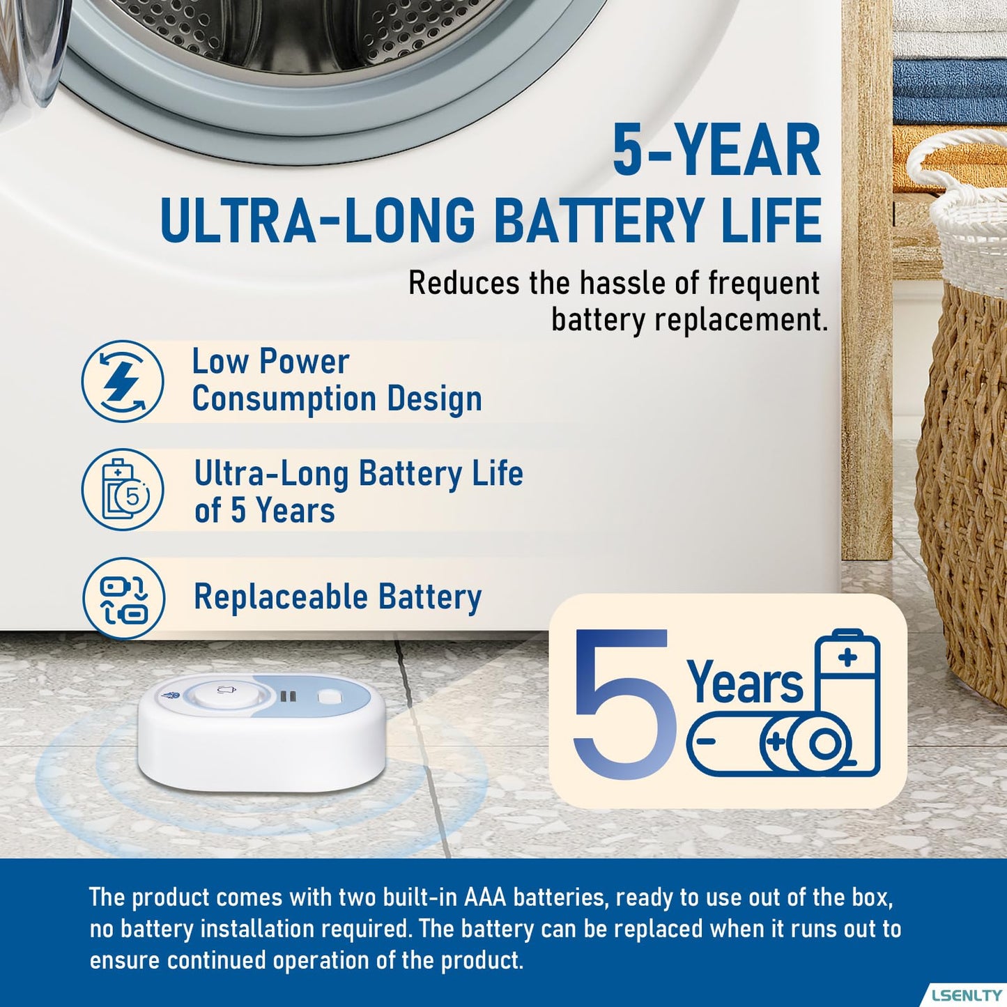 LSENTLY Water Leak Detector Supports 5 Years Standby Time, LED Indicator & 100dB Leak Alarm & Low Battery Reminder Water Alarm, IP66 Waterproof for Home Tub Sinks Washer (Cannot Connect Wi-Fi)