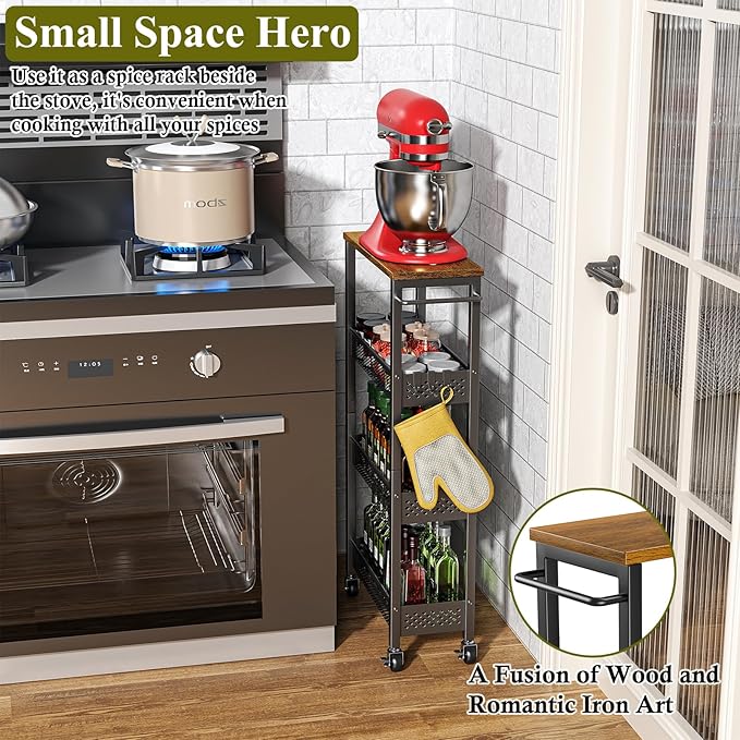 OKZEST Utility Slim Storage Cart, 4 Tier Small Rolling Kitchen Laundry Room Cart