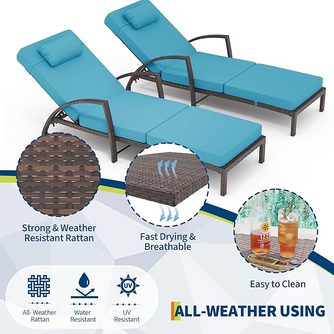 GarveeLife 2-Piece Rattan Patio Folding Chaise Lounge, 5-Position Adjustable