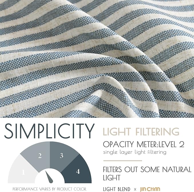 jinchan Tie Top Linen Kitchen Curtains 24 Inches Striped Tier Curtains Farmhouse Modern Cafe Style Small Window Treatments Airy Light Filtering Rod Pocket for Living Room Bathroom 2 Panels Blue