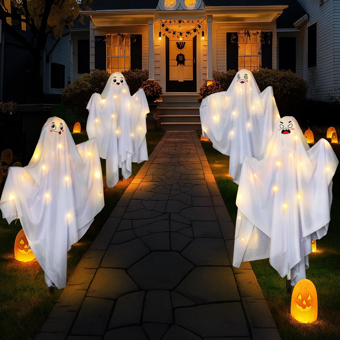 WILLBOND 4 Pcs Halloween Ghost Yard Sign Solar Ghost Outdoor Decoration with Stakes for Halloween Pathway Party Yard Lawn Patio Garden Decorations, 25.59 Inch