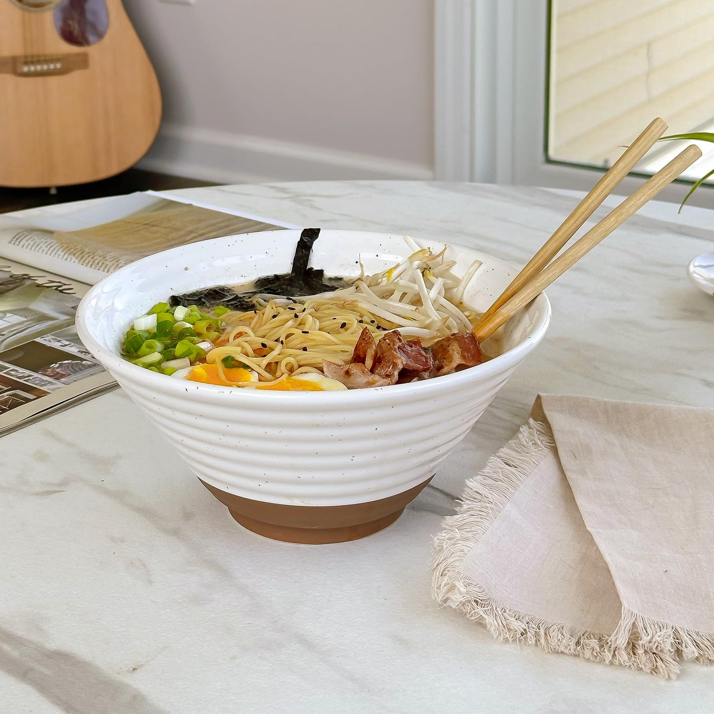 MORA Ceramic Ramen Bowl Set of 2, 45oz - Great for Pho, Miso Udon Soup, Instant Noodles, Serving, Thai or Asian Food - Microwave Safe Large Japanese Noodle Bowls, Modern Kitchen - Vanilla White