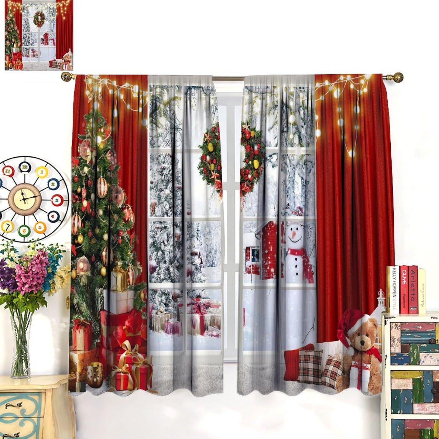 FengMingRui Merry Christmas Curtains Winter Festival Snowman Christmas Tree New Year Christmas Window Treatment Bedroom Living Room Decoration Blackout Decor Window Drapes 42" W X 63" L