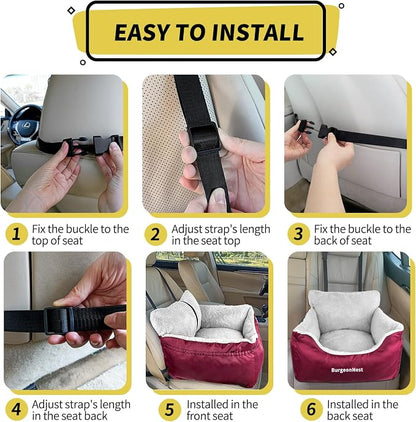 BurgeonNest Dog Car Seat for Small Dogs, Fully Detachable and Washable Cat Carseats Under 25 lbs, Soft Pet Booster Seats with Storage Pockets Clip-On Leash Portable Travel Carrier Bed, Red