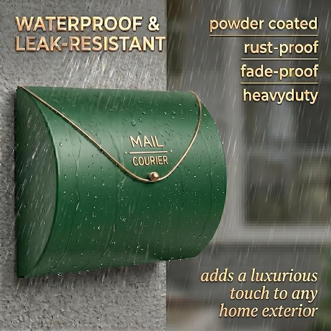 Green Wall Mount Mailbox for Outside,Waterproof Metal Mailboxes with Rust-Proof Galvanized Steel,Large Capacity Envelope Mailbox for House,12.99 x 10.35 x 3.5 Inch