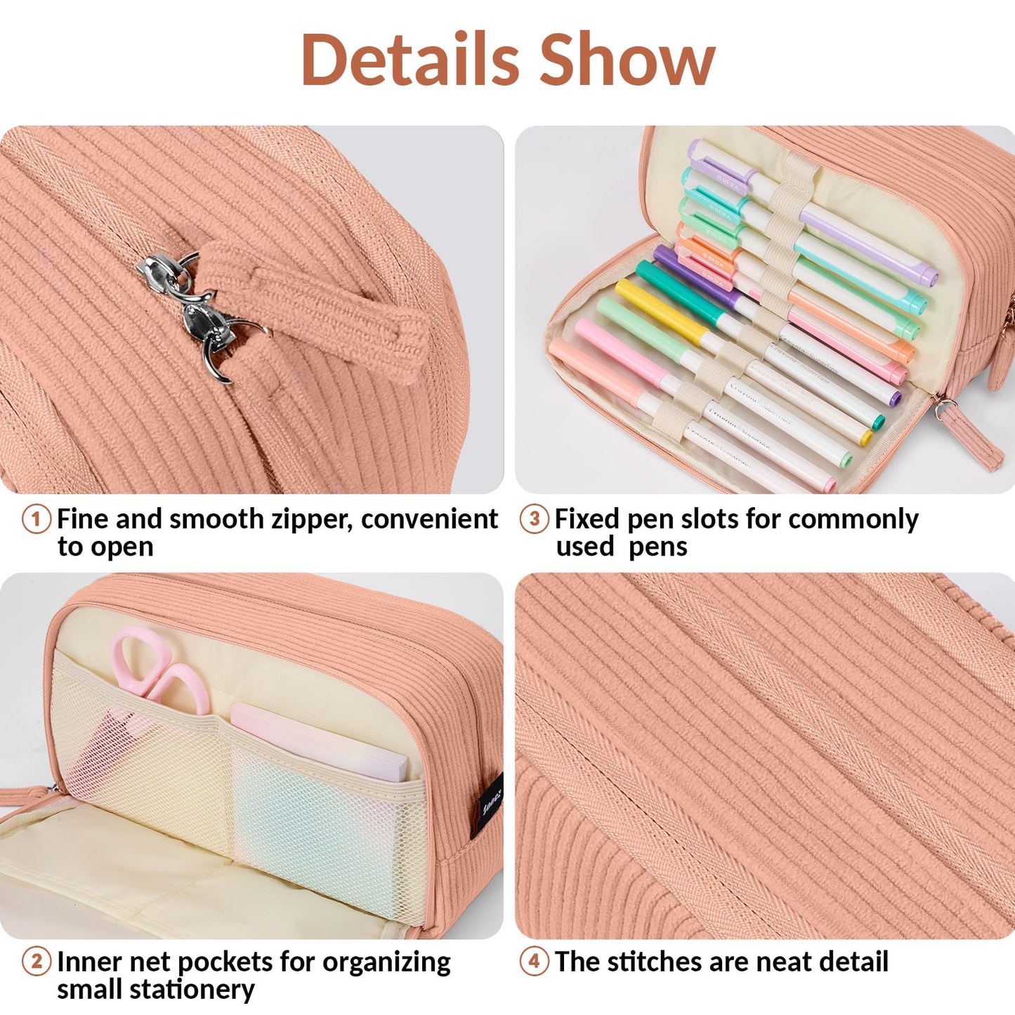 Sooez Big Capacity Pencil Case Pen Pouch, Soft Corduroy Pencil Bag with 3 Compartment, Multiple Pockets, Sturdy Zipper, Cute School Supplies Pen Bag Organizer For Teen Girls College-Orange