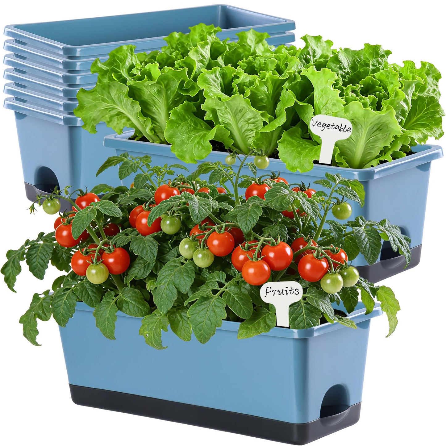 Oliz Window Box Planter 8 Pcs, 17 Inches Rectangle Flower Pots with Drainage Holes and Trays, Vegetable Planters for Windowsill Patio Garden Balcony Home Porch Yard Indoor Outdoor (Blue)