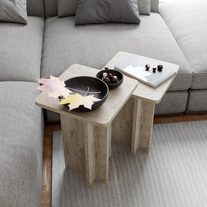 Travertine Efect Square Nesting Table Set of 2 Modern Coffee Table Small Side