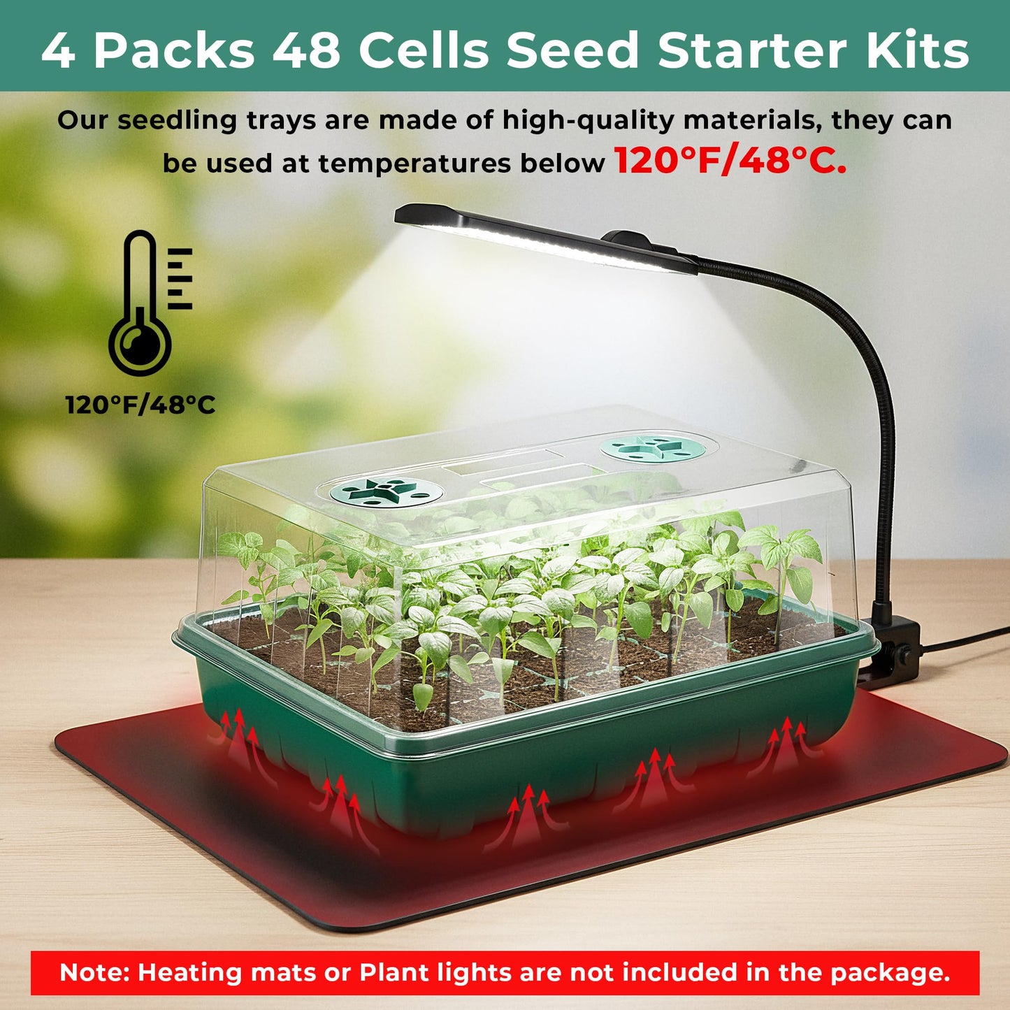 Hanaoyo 192 Cells Seed Starter Tray, 4 Packs Seed Starter Kit with Humidity Vented Domes and High Lid, Germination Kit for Indoor Greenhouse Seed Starter
