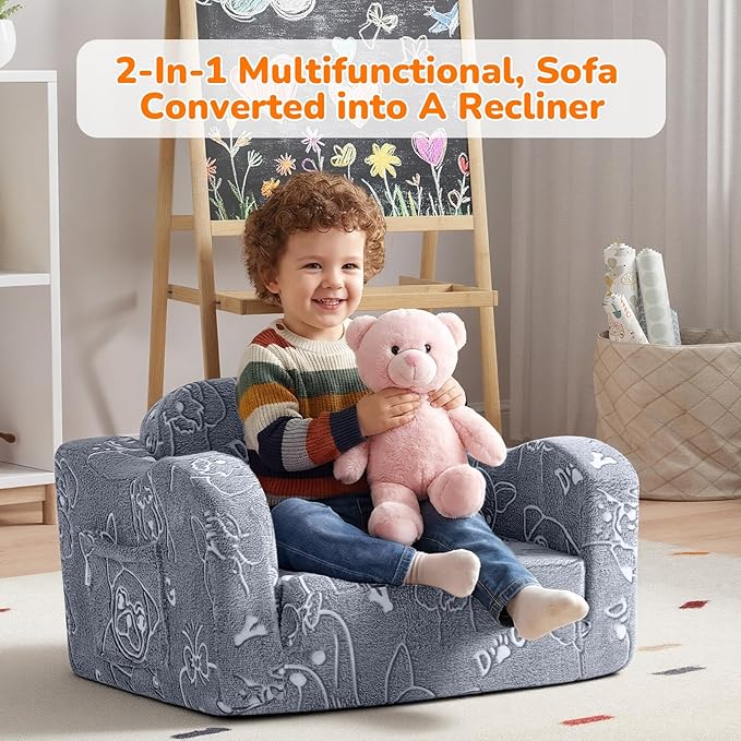 MeMoreCool Glowing Dog Print Kids Chair, 2-in-1 Foldable Kids Couch