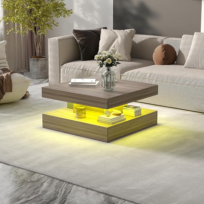 HedoAjim LED Coffee Table for Living Room, Living Room Table 2-Tier Square