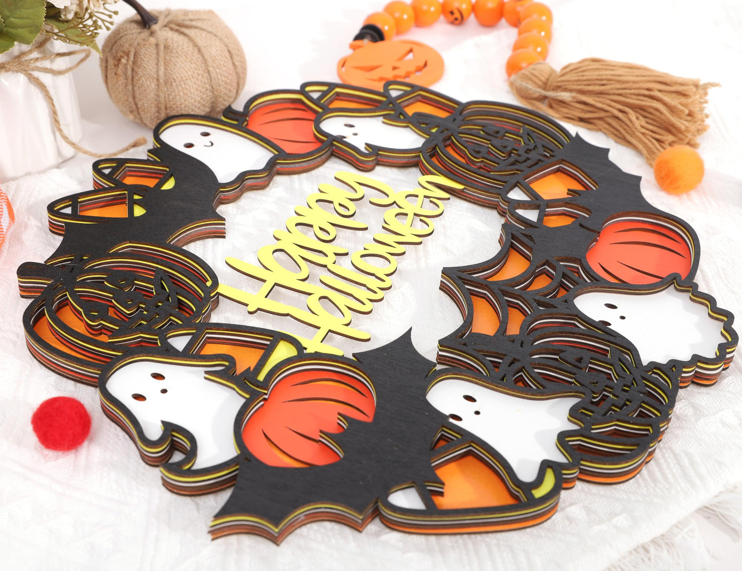 Happy Halloween Wooden Hanging Sign - Halloween Party Decorations, Halloween Ghost Sign, Bat Ghost Pumpkin Wreath, Halloween Garland, Wooden Wreath Wall Hanging Decor(HALLOWEEN SIGN)