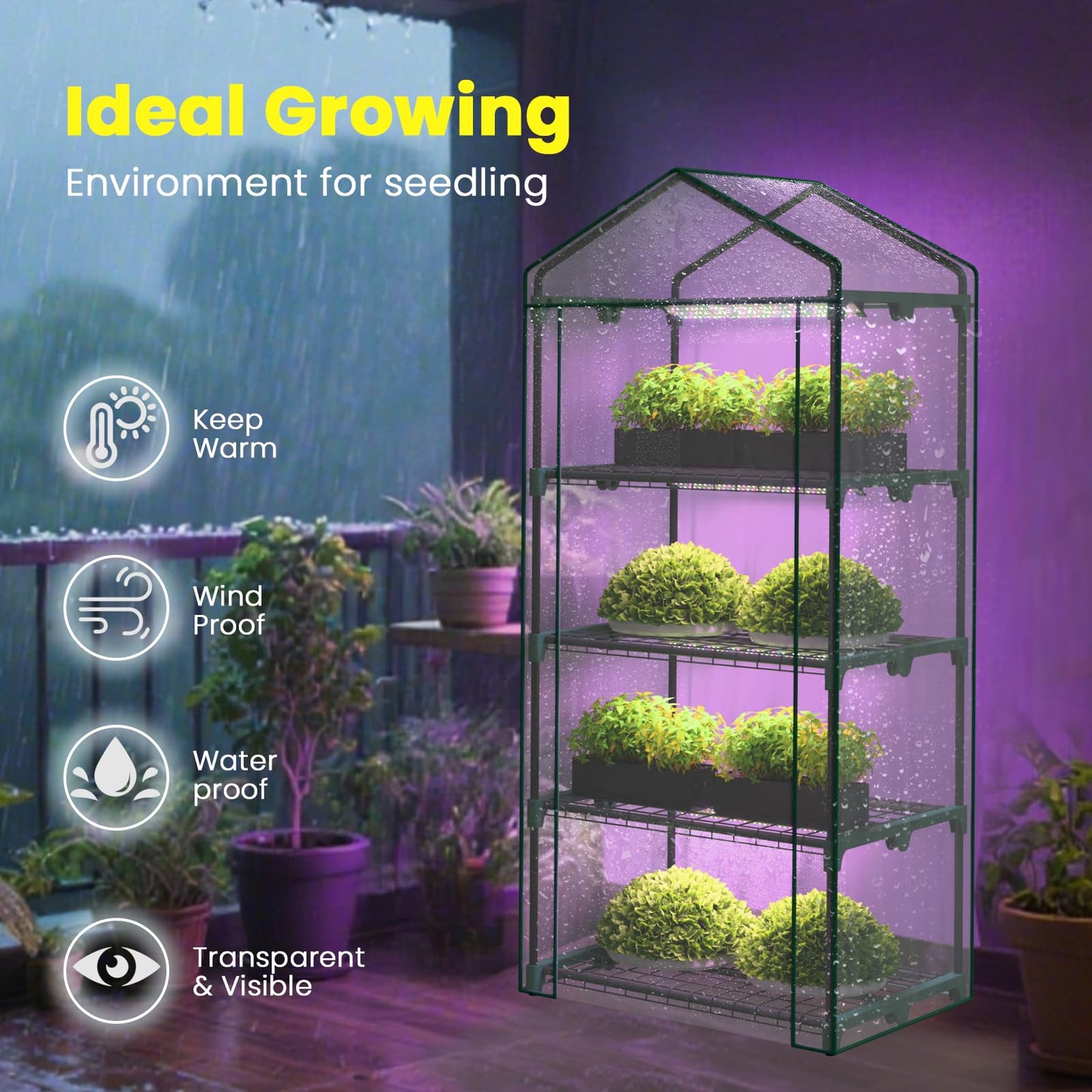 i-SUNSHORE Indoor Greenhouse with Grow Lights, 4 Tier 27" L×19" W×62" H Mini Greenhouse with Zippered PVC Cover for Seed Starting Trays, Dimmable 2FT 60W Plant Light for Indoor Plants with Timer