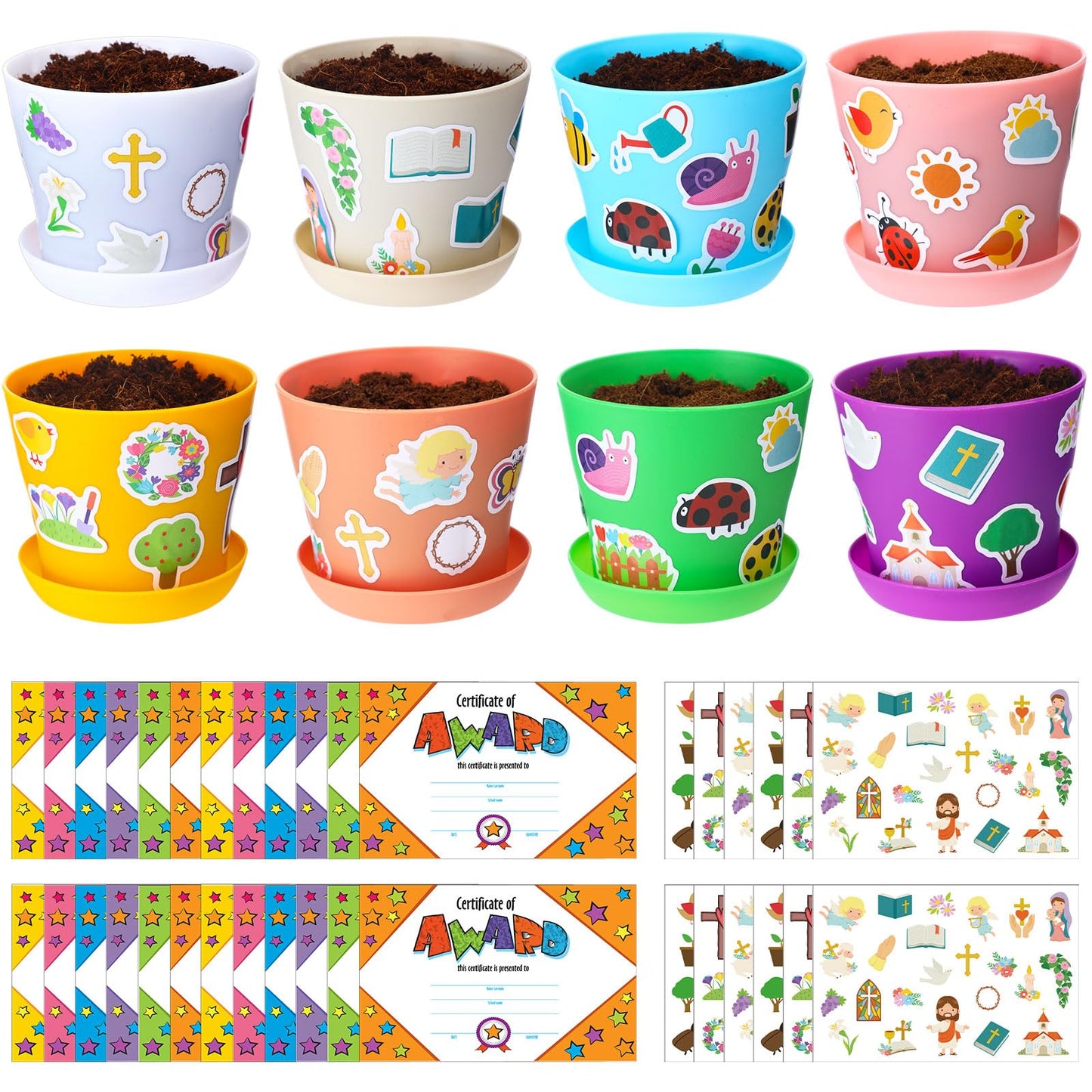 Domensi 30 Set Mothers Day Crafts for Kids Classroom Flower Pot Craft Bulk 4 Inch Spring Garden Plastic DIY Plant Pot with Tray 30 Sheet Christian Sticker 30 Certificates Card for School(Colorful)