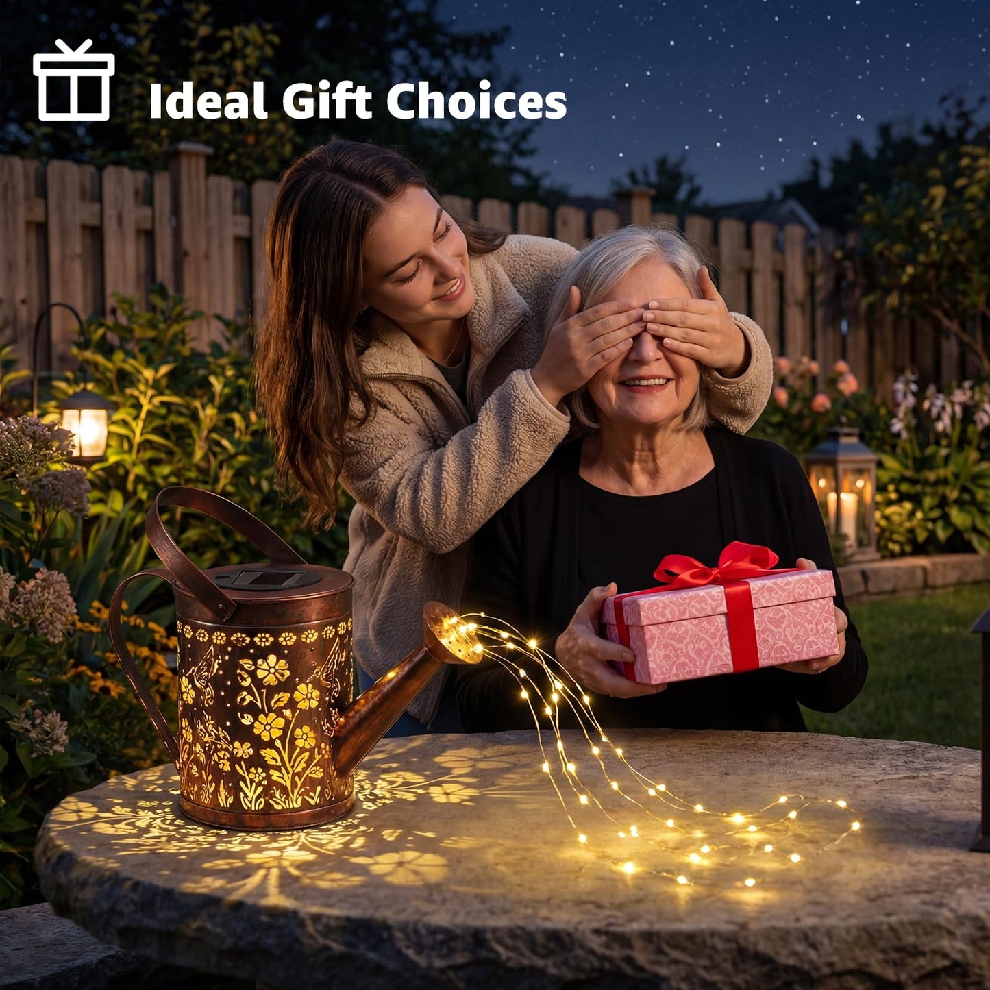 MEBRUDY Solar Garden Decor Lights, IP44 Waterproof Metal Hummingbird Solar Watering Can Lights Outdoor Decor for Yard Pathway Patio Lawn, Gifts for Women Mom Grandma Birthday