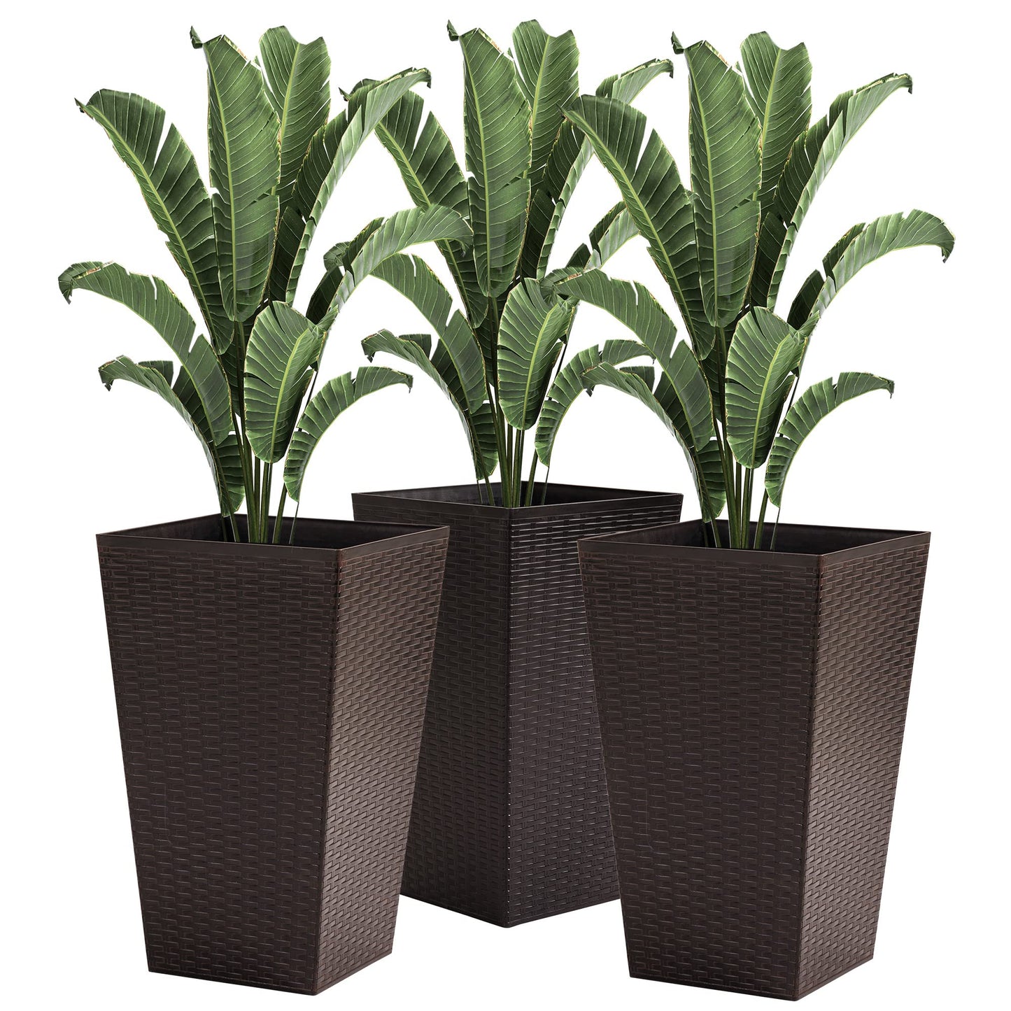 Majnesvon Set of 3 Tall Planters for Outdoor Plants, 24'' Modern Large Outdoor Planters with Drainage,Planter Pots for Patio Front Porch Backyard Decor (Brown, 24 Inch)
