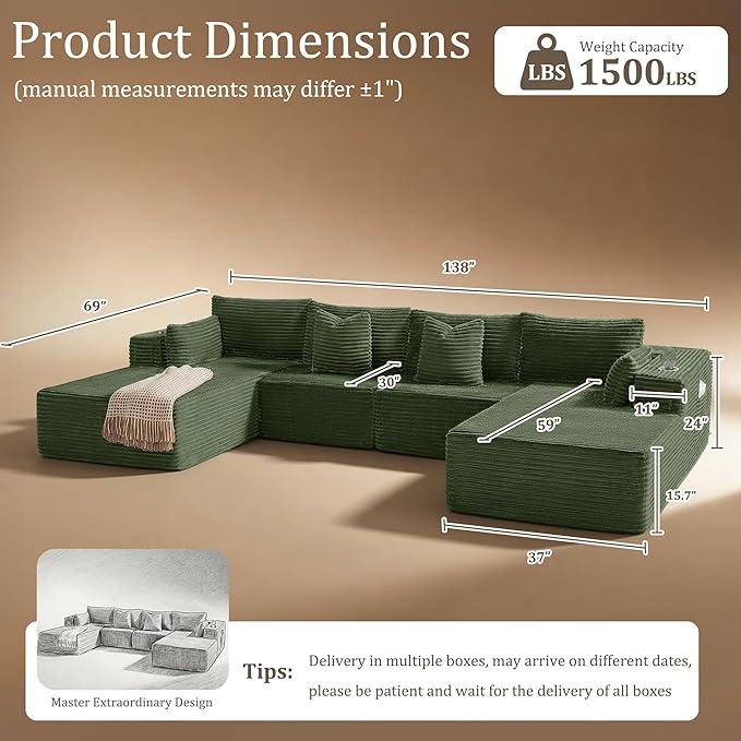 138" Cloud Sectional Couch, Comfort U Shaped Sofa