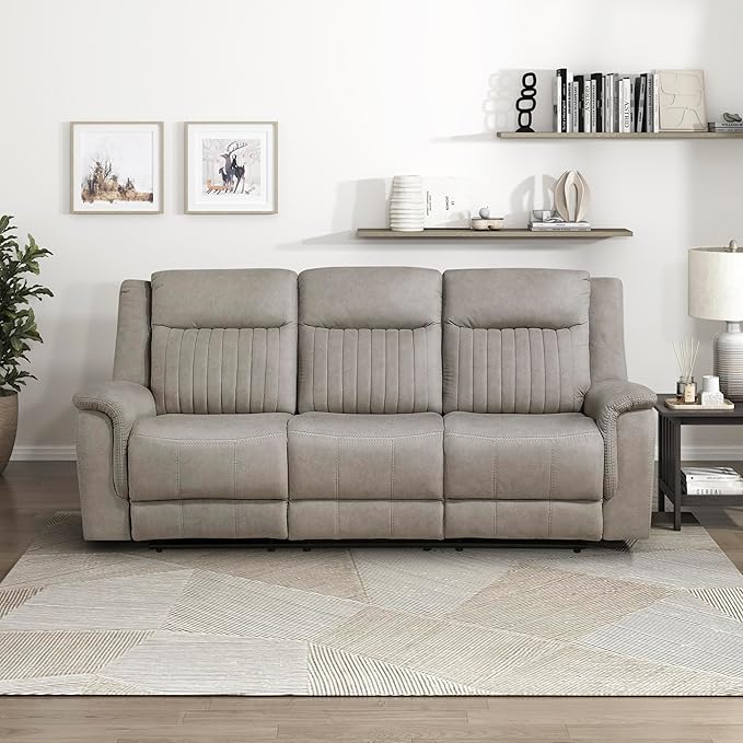 Lexicon Manual Double Reclining Sofa, Polished Microfiber Upholstered 3 Seater