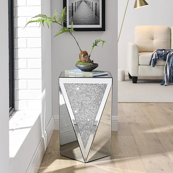 Inverted Triangular Mirror Square End Table, Crystal Diamond Inlaid Coffee Table