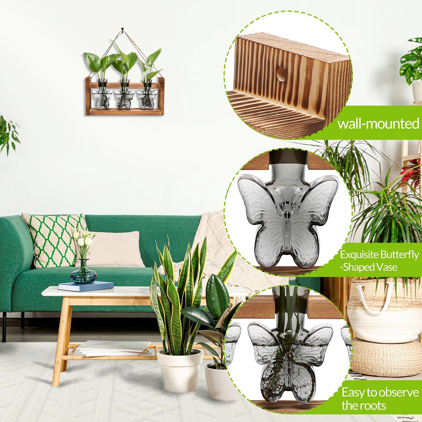 Glass Plant Propagation Station Butterfly Planter Vase with Wooden Stand Birthday Gifts for Women Mom Plant Lovers Office Home Decoration
