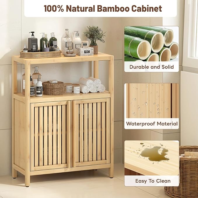 Bamboo Storage Cabinet Bathroom Floor Cabinet Side Storage Organizer Cabinet
