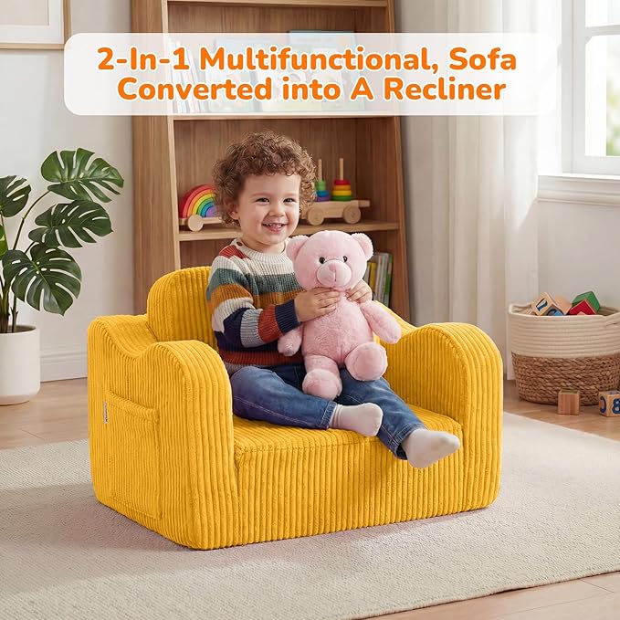 MeMoreCool Toddler Couch, 2-in-1 Corduroy Kids Couch Fold Out to Lounger