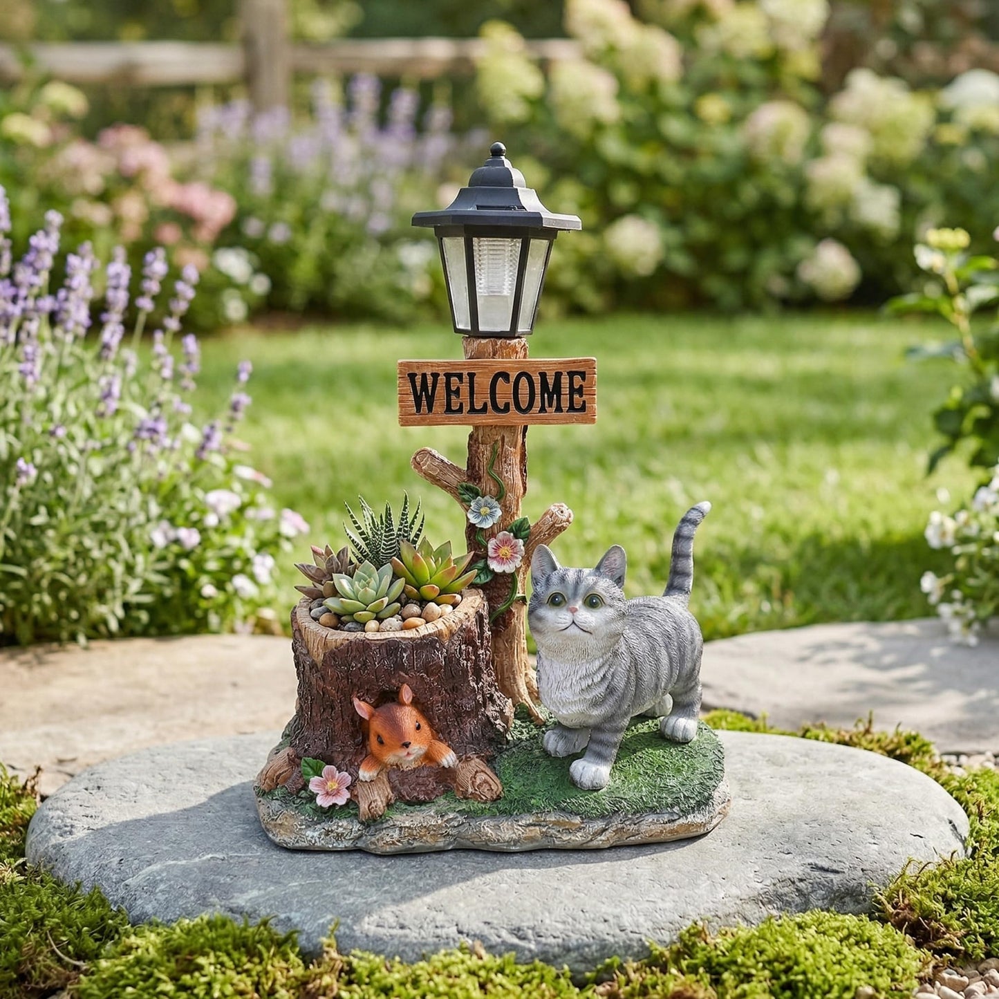 UNOIRNM Cat and Squirrel Garden Statue - with Solar Lantern and Tree Stump Planter, 18.5" Resin Gray Tabby Figurine for Outdoor Patio Decor, 9.3 lbs Animal Sculpture, 14.2" Wide Welcome Ornament