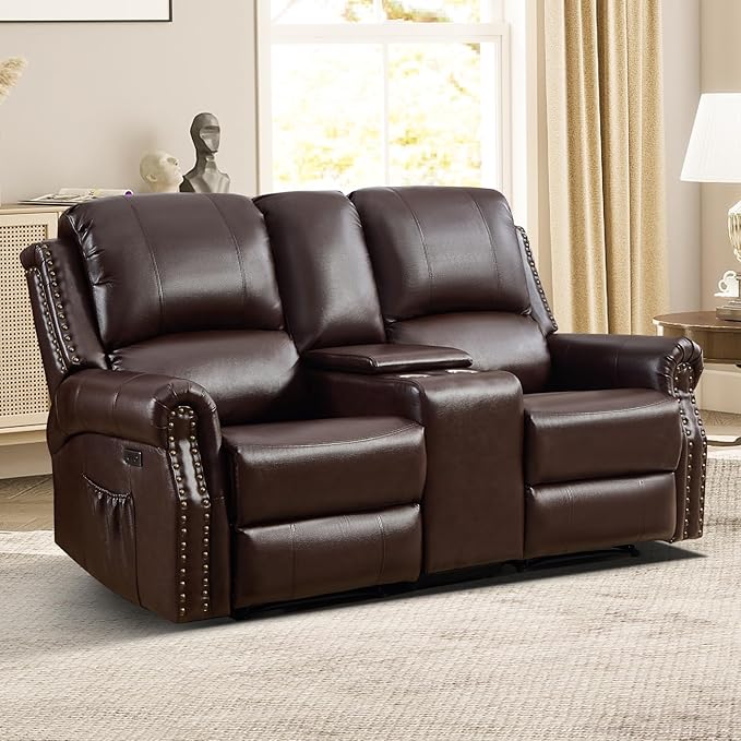 EBELLO Power Reclining Loveseat, Faux Leather Double Recliner Sofa