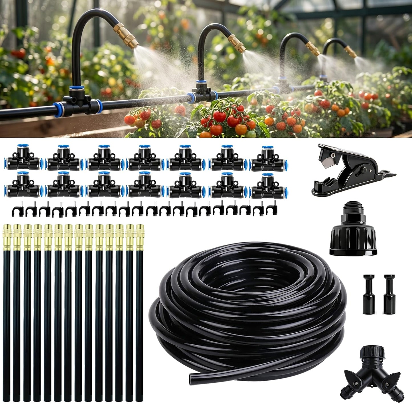 2026-Upgrade 100Ft 1/4" Drip Irrigation System,Garden Watering Kit with 20Pcs 360° Adjustable Copper Nozzles,Automatic Atomizing Sprinkler,DIY for Outdoor,Lawn,Greenhouse,Raised Beds (50FT/14pcs)