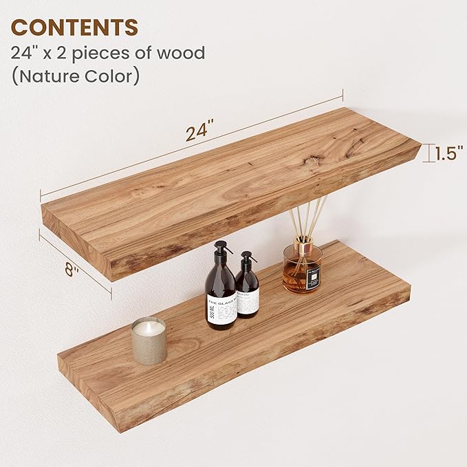 Floating Shelves for Wall Decor, Rustic Solid Elm Wood Live Edge Floating
