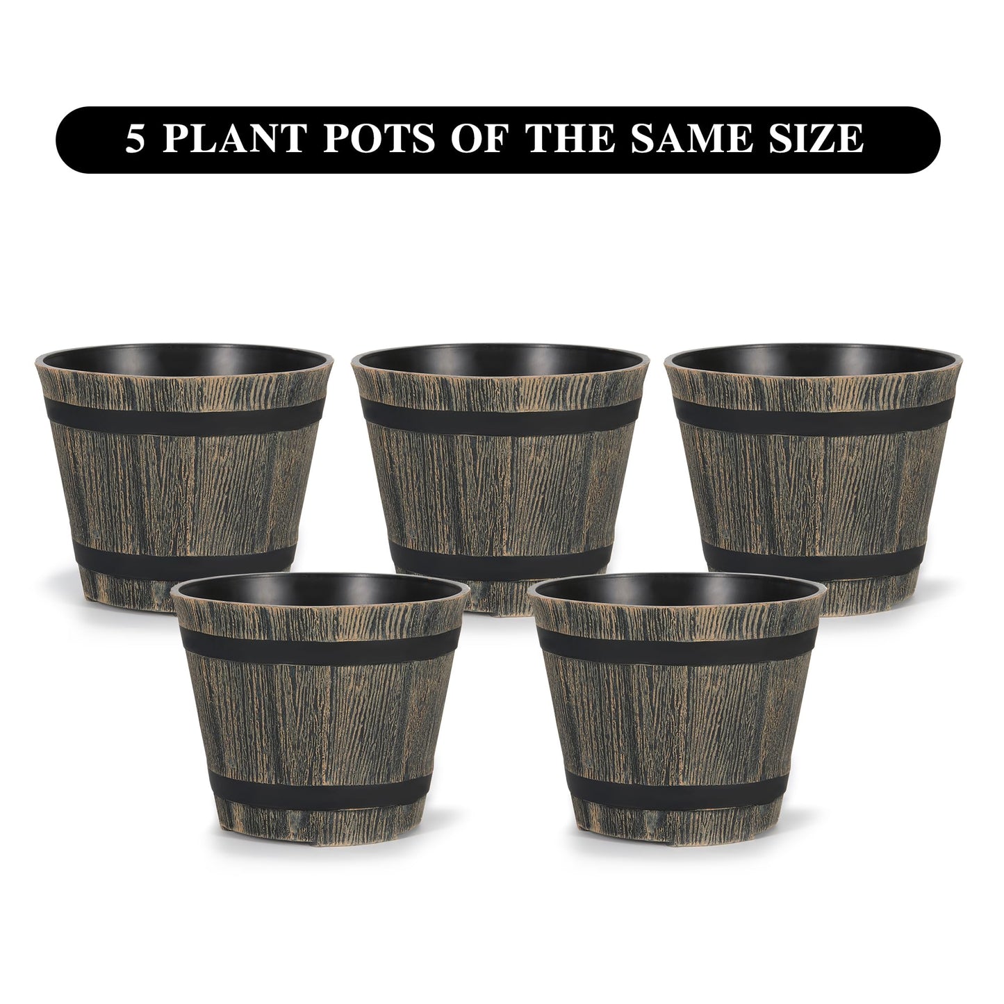 WEICHENGXING 5 Pack 7 Inch Plastic Plant Pots, Whiskey Barrel Planters, Flower Pots for Indoor Outdoor Home Herb Snake Plants, Durable Pots, Set of 5