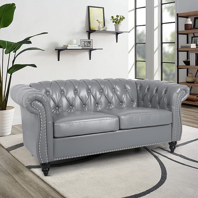 LEVNARY Leather Sofa, Chesterfield Tufted Upholstered 2 Seater Couch, Modern