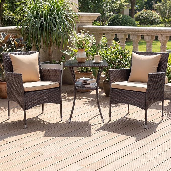 Tangkula 3 Pieces Patio Wicker Bistro Set, 2 Rattan Chairs w/ 2-Tier Tempered