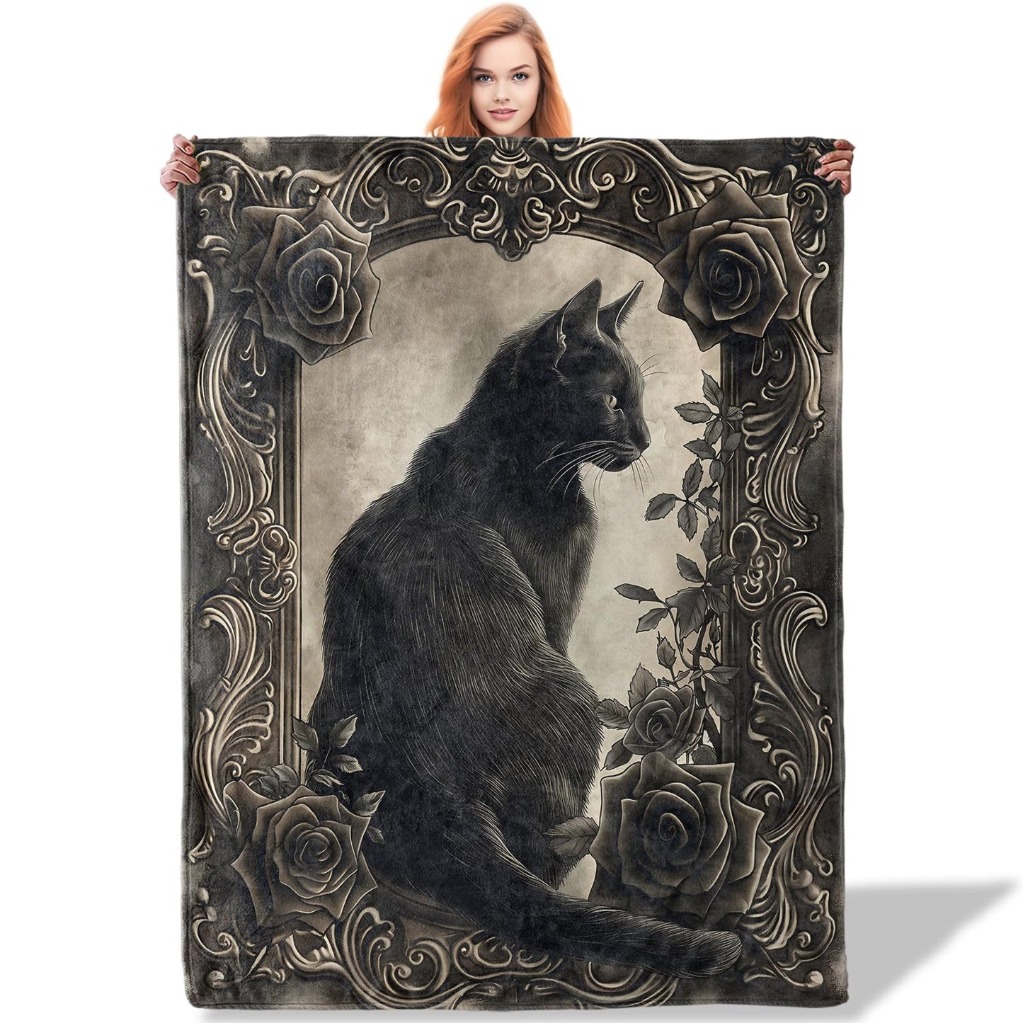 Plistiz Goth Black Cat Elegance Throw Blanket 50x60 Inch, Floral and Gothic Blankets for Unique Home Decor, Flannel Polyester, Black Cat for Cat Lovers Women