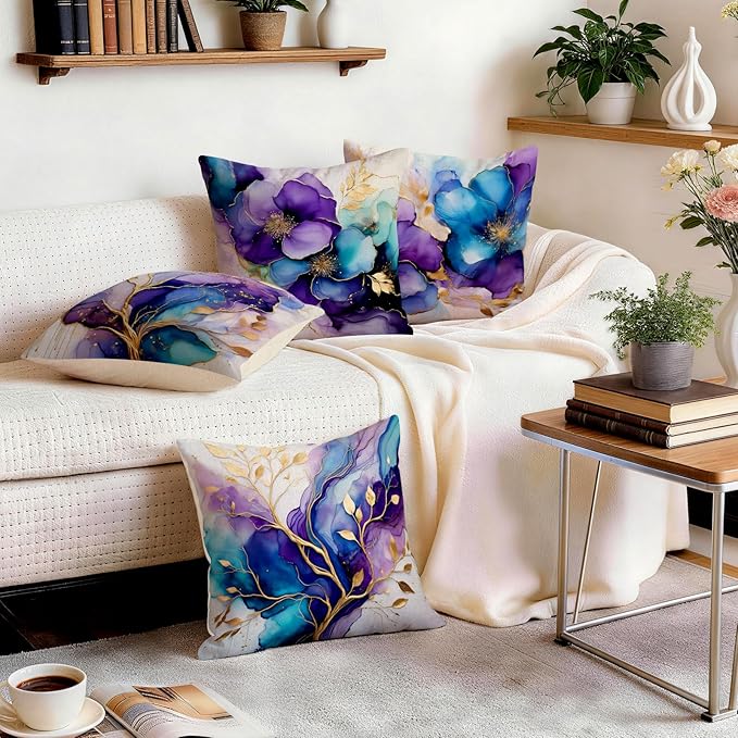 OBSEDE Decorative Throw Pillow Covers Set of 4, 18x18 Inch Purple and Blue