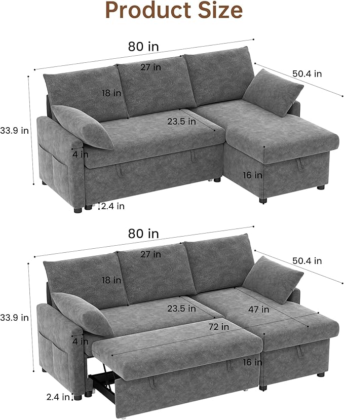 Sofa Bed, Apartment and Hotel, Dark Gray | Chenille Fabric