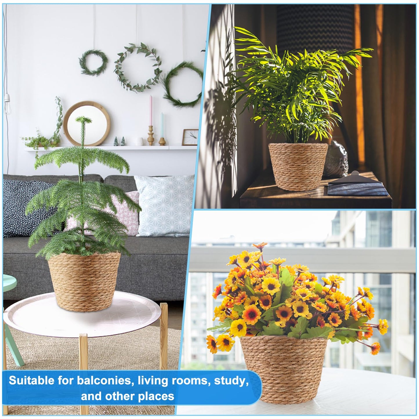 4 Pcs Large Premium Seagrass Planter Basket with Plastic Lining Natural Stylish Planter Baskets Indoor Outdoor Plants Woven Wicker Baskets for Plants Flower Pots Cover and Room Decor(10.2x7.5x7.5")