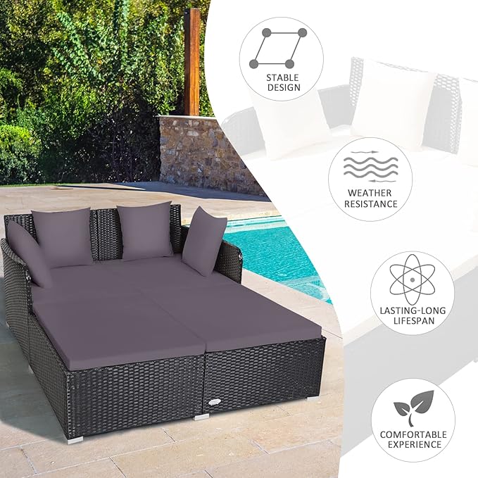 COSTWAY Outdoor Patio Rattan Daybed, Sponge Cushioned Loveseat Sofa
