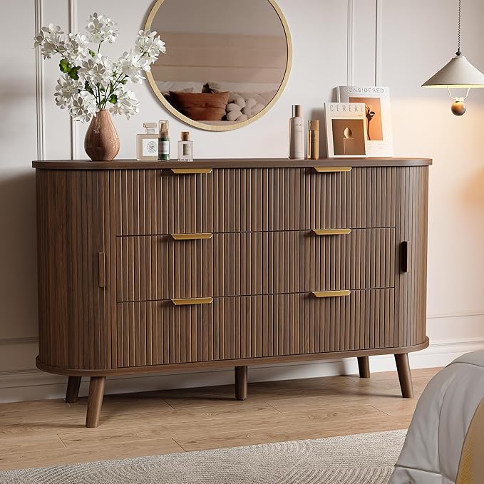 Decofy Fluted 6 Drawers Dresser, Curved Profile & Sturdy Legs, Wood TV Stand