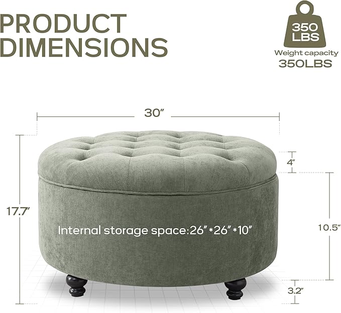 HUIMO 30-Inch Round Storage Ottoman, Modern Button Tufted Coffee Table