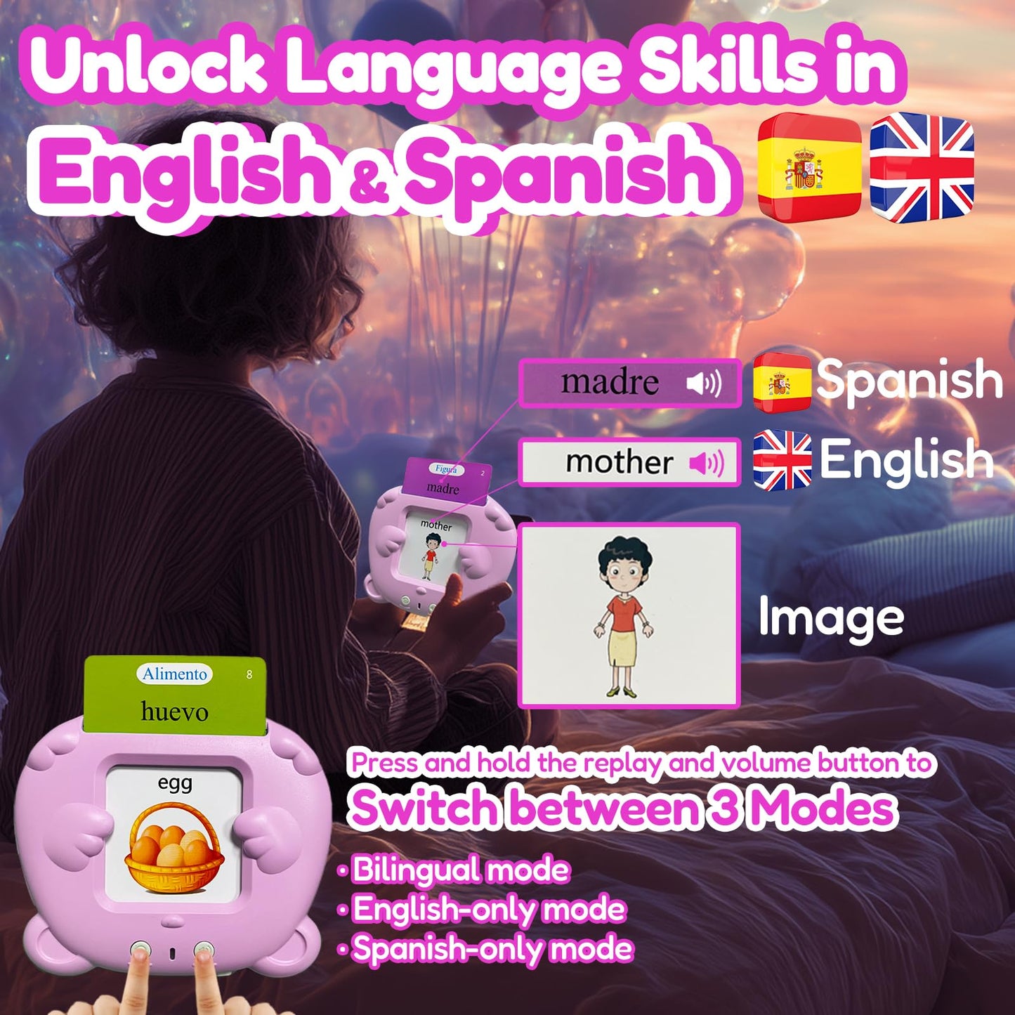 MoLingvora Bilingual Talking Flash Cards for Kids - Español Spanish English Flashcards Children Adults, 510 Sight Words, ABC Alphabet, Pocket Speech for Toddlers, Audible Sensory Toys (Spanish, Pink)