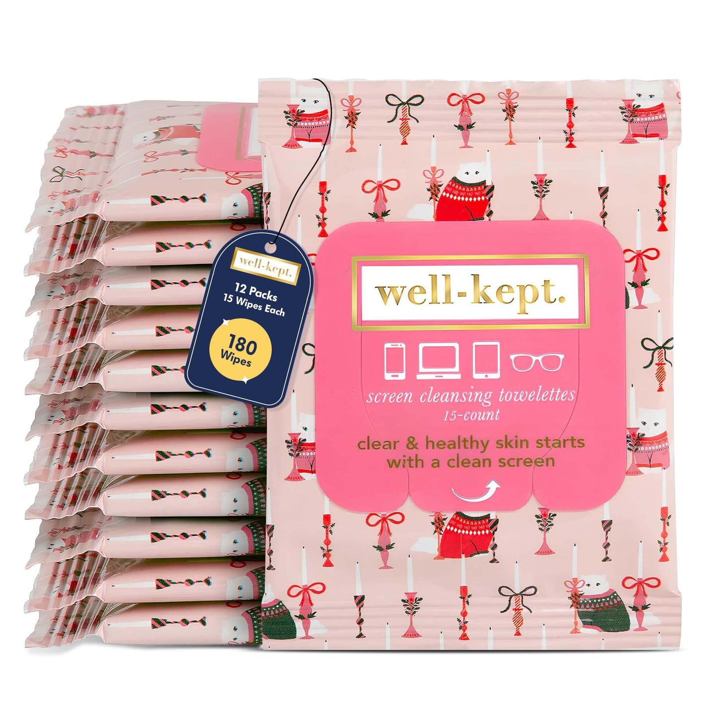 Well-Kept Tech & Lens Wipes - Eyeglass, Screen & Phone Cleaning, Multi-Surface, Lint-Free, Pre Moistened, Streak-Free & Non Scratching - Choupette, 12 Pack (180 Count)