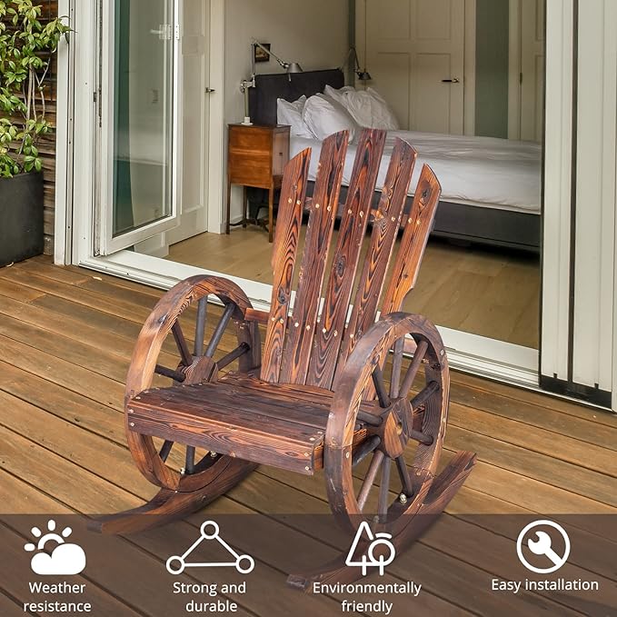 Outvita Adirondack Rocking Chair, Wood Wagon Rocker, Outdoor Wooden Carbonized