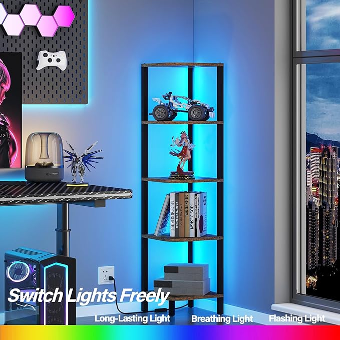 TUTOTAK Corner Shelf with LED Light, 5-Tier Corner Bookshelf
