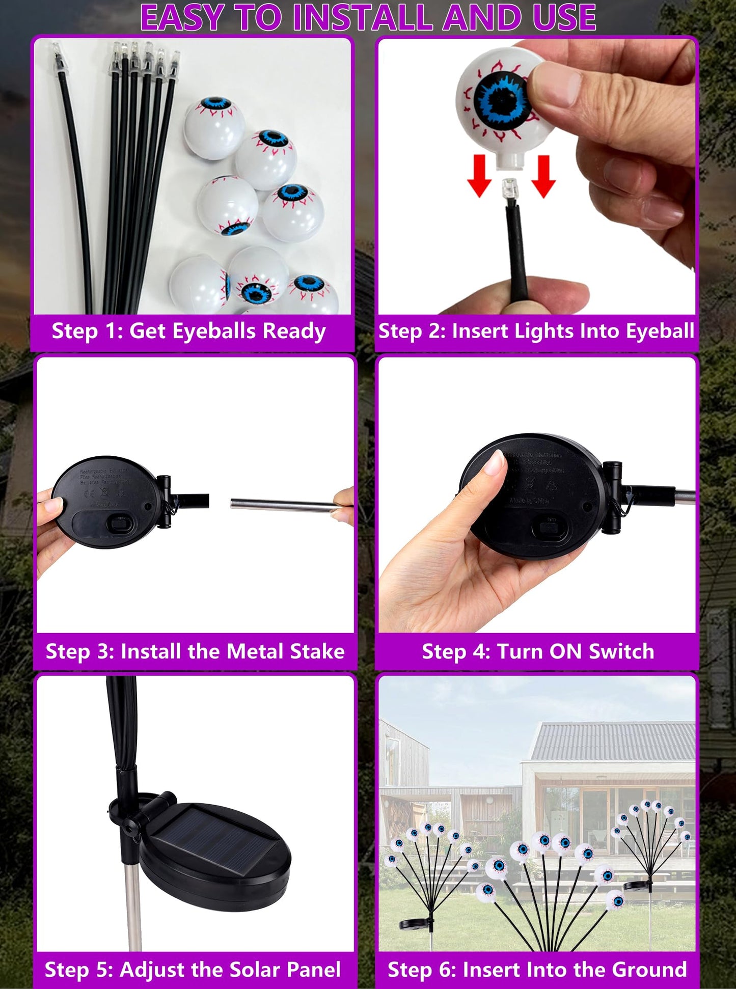 LCHUANG 4 Pack Halloween Decorations Outdoor Lights - 32LED Solar Scary Eyeball Pathway Lights Swaying by Wind, Waterproof Solar Halloween Stake Lights for Garden Porch Lawn Pathway (Purple)