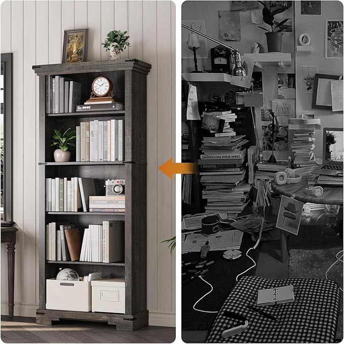 5-Tier Farmhouse Bookshelf, 61.1 inch Tall Bookcase