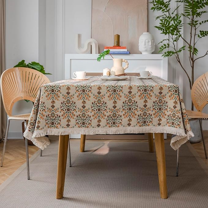 VClife Beige Floral Print Table Cloth, Linen Texture Tablecloth